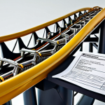 **A rollercoaster symbolizing the ups and downs of crypto investments, with a German tax form looming in the background. Focus on the feeling of uncertainty and complexity.**