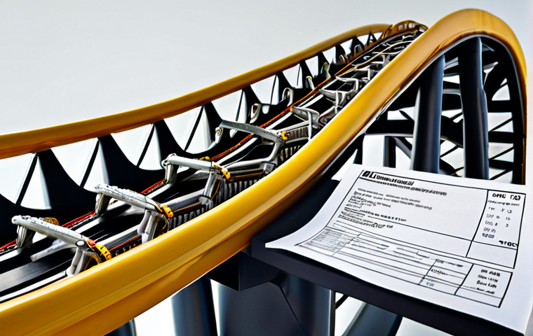 **A rollercoaster symbolizing the ups and downs of crypto investments, with a German tax form looming in the background. Focus on the feeling of uncertainty and complexity.**