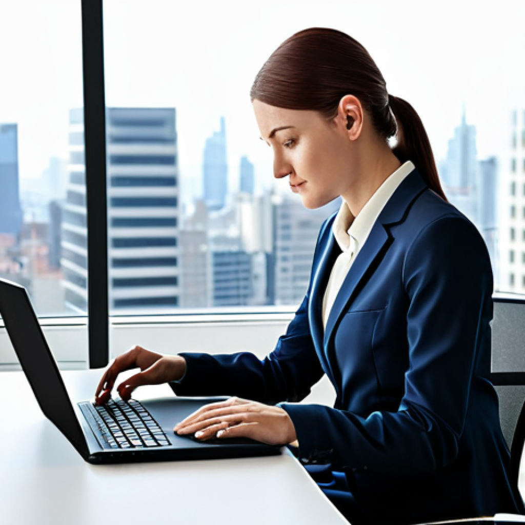 **

"A businesswoman in a modern office setting, working on a laptop. She is wearing a modest business suit, fully clothed and professional attire. The office is bright and clean, with a view of the city skyline. Safe for work, perfect anatomy, natural pose, professional photography, high quality, appropriate content."

**