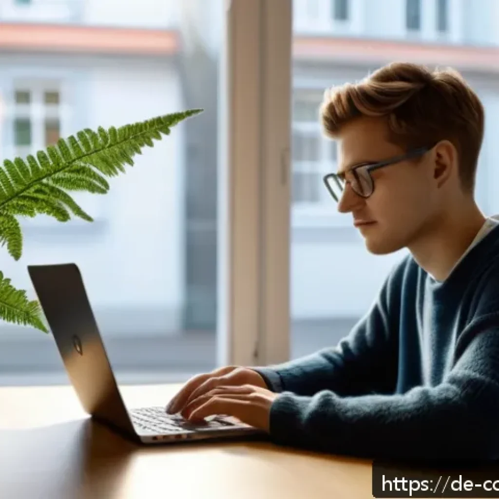 비밀번호 변경 주기와 지갑 보안 - A modern German home office scene showing a young adult sitting at a desk using a laptop, focused on...