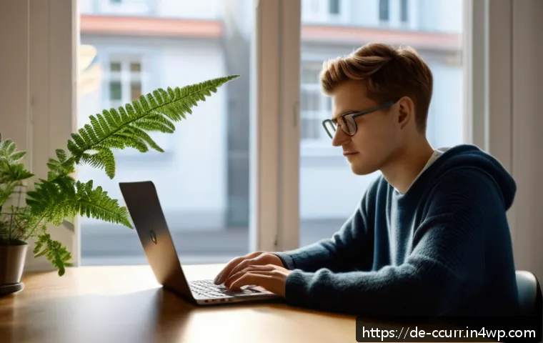 비밀번호 변경 주기와 지갑 보안 - A modern German home office scene showing a young adult sitting at a desk using a laptop, focused on...